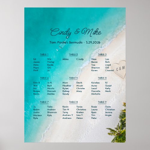 Tropical Beach Wedding Monogram Seating Chart