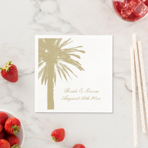 Tropical beach wedding napkins with palm tree logo