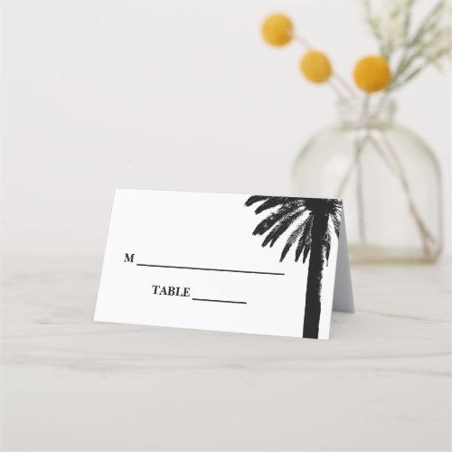 Tropical beach wedding palm tree leaves silhouette place card