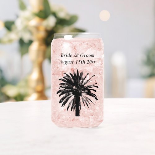 Tropical beach wedding palm tree silhouette custom can glass