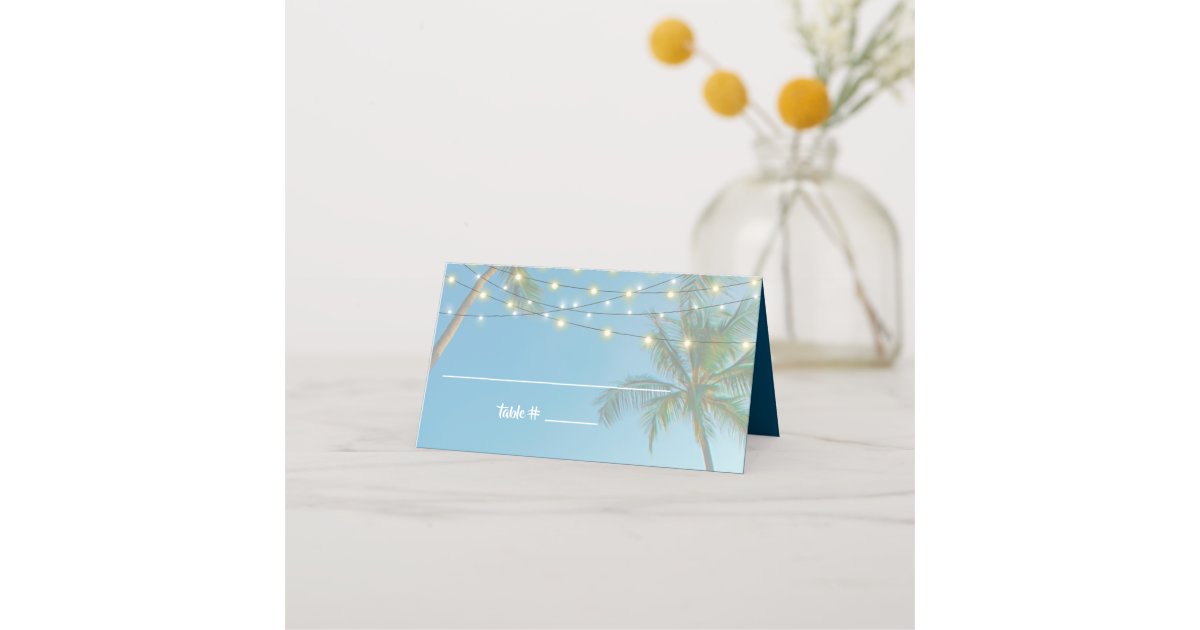 Tropical Beach Wedding Palm Trees String Lights Place Card | Zazzle