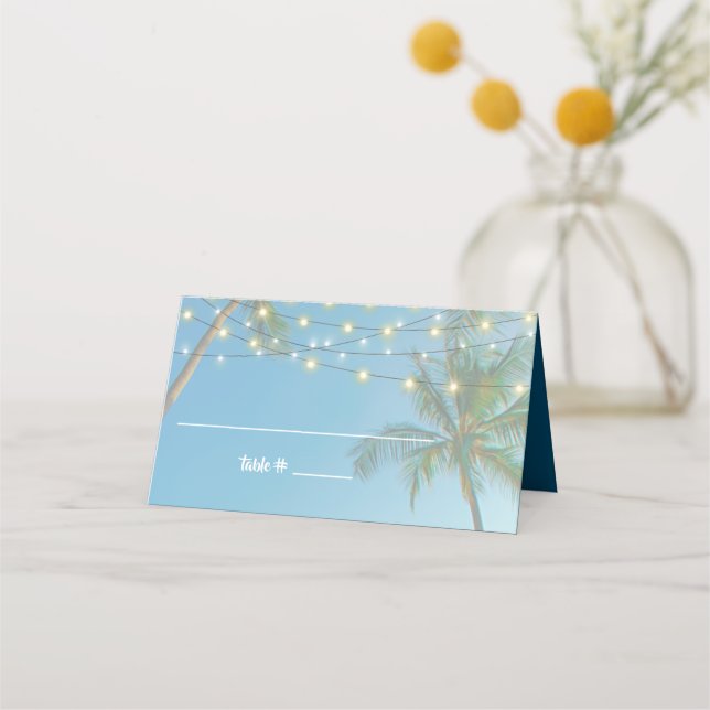 Tropical Beach Wedding Palm Trees String Lights Place Card (Front)