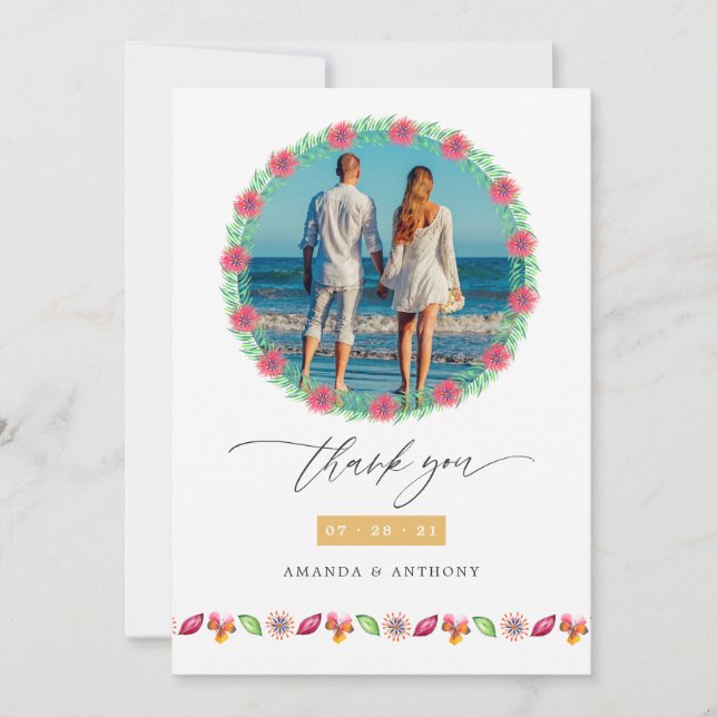 Tropical Beach Wedding Photo Collage Thank You Card (Front)