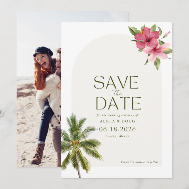 Tropical Beach Wedding Photo Save The Date (Front/Back)