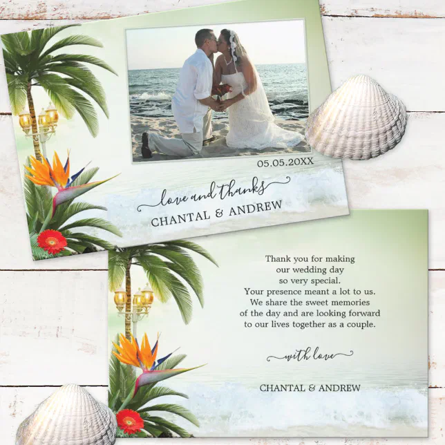 Tropical Beach Wedding Photo Thank You Card | Zazzle