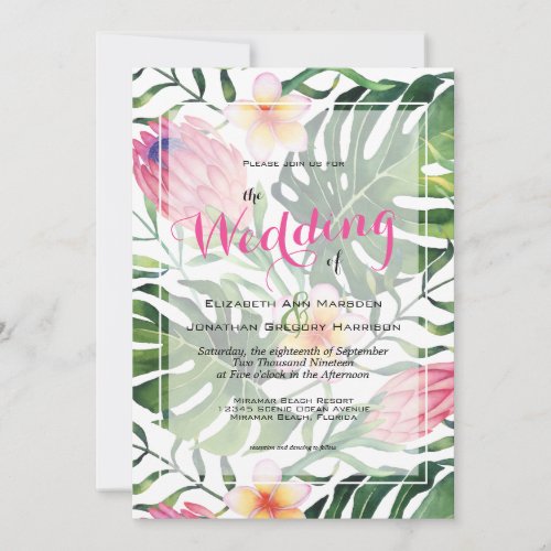 Tropical Beach Wedding Pink Protea Floral Greenery Invitation