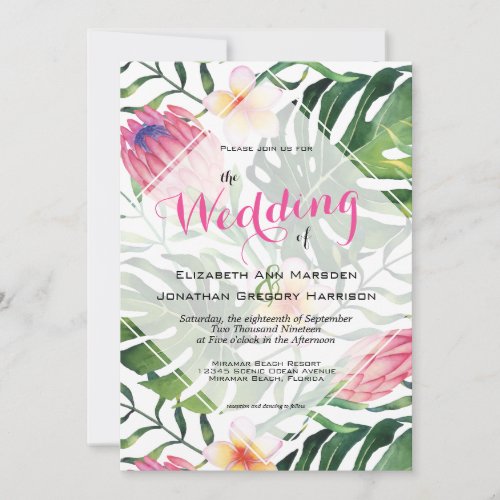 Tropical Beach Wedding Pink Protea Floral Greenery Invitation