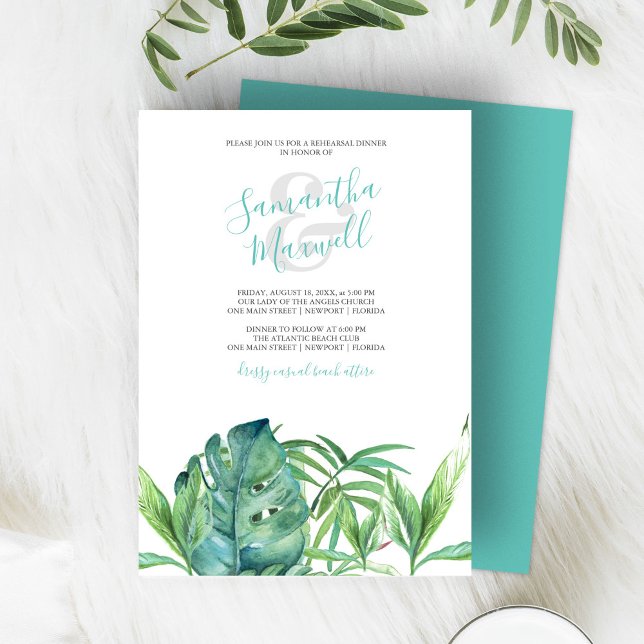 Tropical Beach Wedding Rehearsal Dinner (tropical beach wedding invitations features watercolor palm leaves in shades of green. )