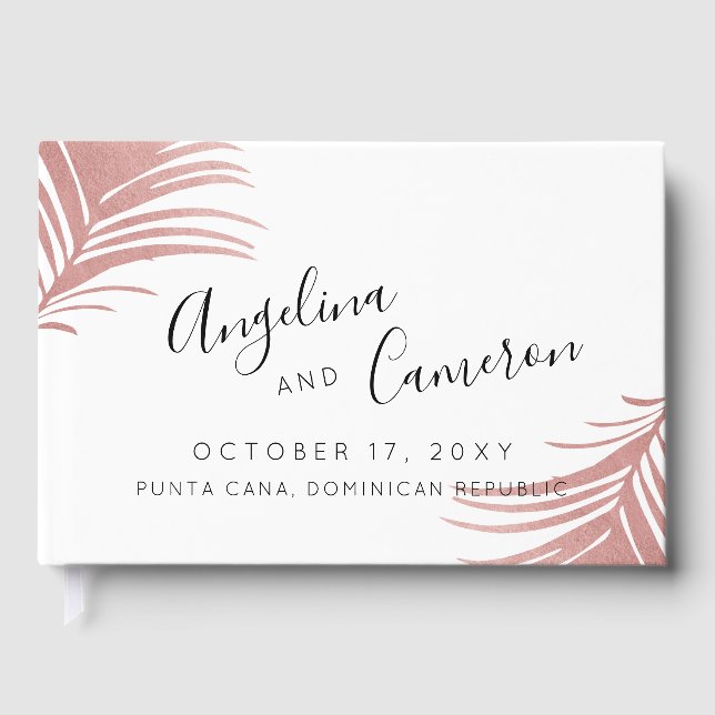Tropical Beach Wedding Rose Gold Pink Palm Leaves Guest Book (Front)