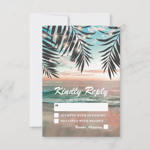 Tropical Beach Wedding RSVP | String of Lights - Beach destination wedding response cards featuring a tropical palm beach setting, string twinkle lights, and an rsvp template. Click on the “Customize it” button for further personalization of this template. You will be able to modify all text, including the style, colors, and sizes. You will find matching items further down the page, if however you can't find what you looking for please contact me.