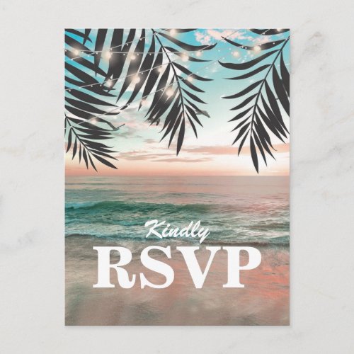 Tropical Beach Wedding RSVP | String of Lights Invitation Postcard - Beach destination wedding response cards featuring a tropical palm beach setting, string twinkle lights, and a rsvp postcard template.
Click on the “Customize it” button for further personalization of this template. You will be able to modify all text, including the style, colors, and sizes.
You will find matching items further down the page, if however you can't find what you looking for please contact me.