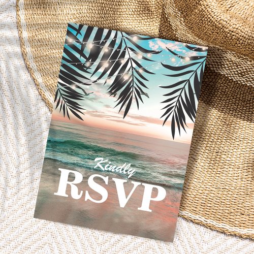 Tropical Beach Wedding RSVP  String of Lights Invitation Postcard
