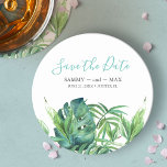 Tropical Beach Wedding Save the Date Coaster<br><div class="desc">Announce your wedding in style with this tropical beach wedding Save the Date coaster, featuring hand-painted watercolor palm leaves in coastal greens. Whether you're planning a destination event, a Florida elopement, or one of many Florida micro wedding packages, this round paper coaster makes a charming and practical keepsake for your...</div>