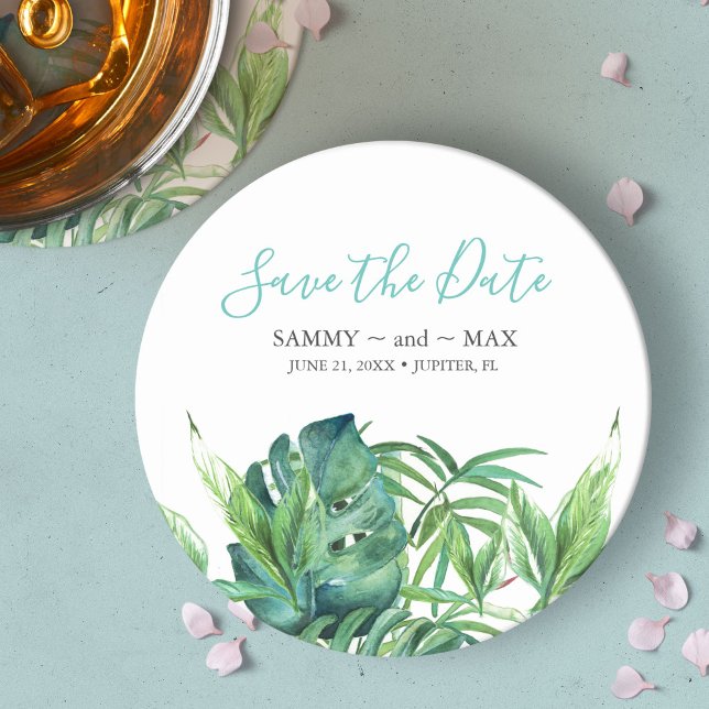 Tropical Beach Wedding Save the Date Coaster (Save the Date Round Paper Coaster Tropical Beach Destination Wedding )
