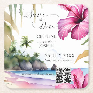Tropical beach wedding save the date template square paper coaster