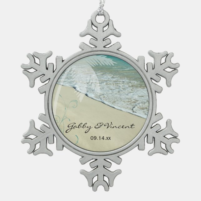 Tropical Beach Wedding Snowflake Pewter Christmas Ornament (Front)