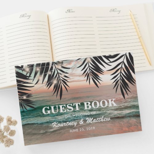 Tropical Beach Wedding | String of Lights Guest Book - Beach destination wedding guestbook featuring a tropical palm beach setting, string twinkle lights, and a modern book template. Click on the “Customize it” button for further personalization of this template. You will be able to modify all text, including the style, colors, and sizes. You will find matching items further down the page, if however you can't find what you looking for please contact me.