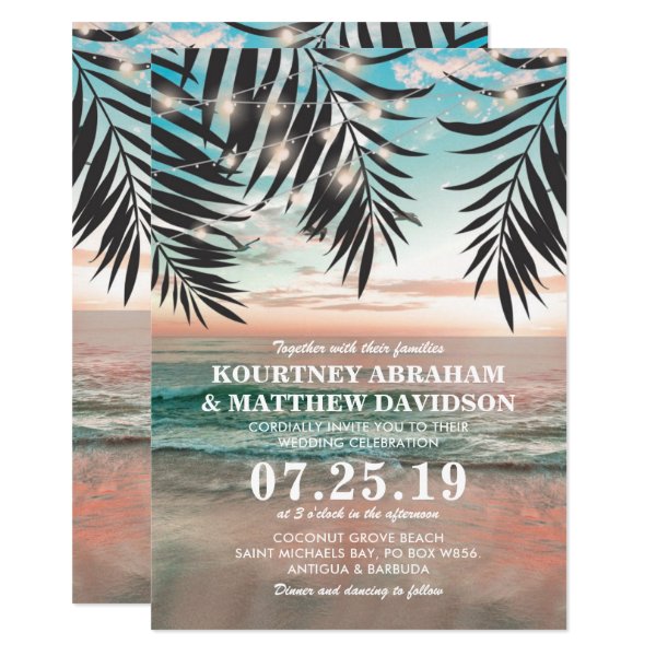 256136317958969346 Tropical Beach Wedding | String of Lights Invitation