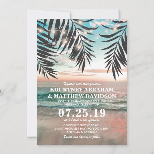 Tropical Beach Wedding | String of Lights Invitation - Beach destination wedding invitations featuring a tropical palm beach setting, string twinkle lights, and a modern wedding template.
Click on the “Customize it” button for further personalization of this template. You will be able to modify all text, including the style, colors, and sizes.
You will find matching items further down the page, if however you can't find what you looking for please contact me.