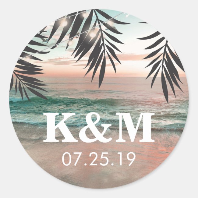 Tropical Beach Wedding | String of Lights Monogram Classic Round Sticker