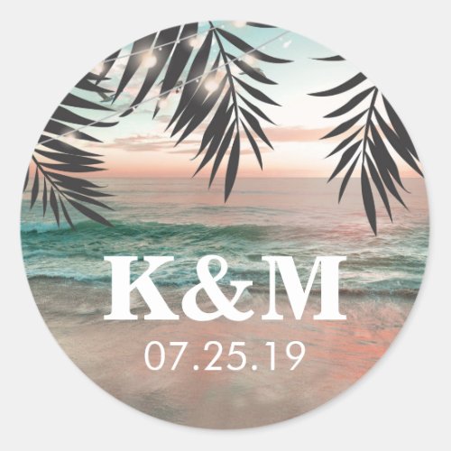 Tropical Beach Wedding | String of Lights Monogram Classic Round Sticker - Beach destination monogram stickers featuring a tropical palm beach setting, string twinkle lights, and a modern text template. Click on the “Customize it” button for further personalization of this template. You will be able to modify all text, including the style, colors, and sizes. You will find matching items further down the page, if however you can't find what you looking for please contact me.