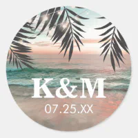 Tropical Beach Wedding, String of Lights Monogram Classic Round Sticker