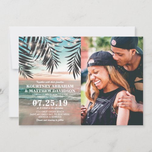 Tropical Beach Wedding | String of Lights Photo Invitation - Beach destination wedding invitations featuring a tropical palm beach setting, string twinkle lights, a photo of the couple, and a modern wedding template.
Click on the “Customize it” button for further personalization of this template. You will be able to modify all text, including the style, colors, and sizes.
You will find matching items further down the page, if however you can't find what you looking for please contact me.