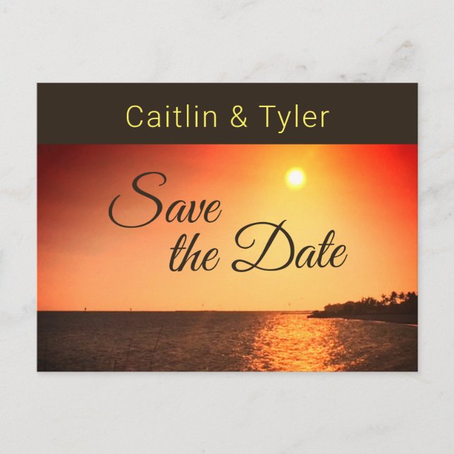 Tropical Beach Wedding Sunset Save The Date Announcement Postcard (Front)