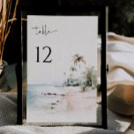 Tropical Beach Wedding Table Number Card<br><div class="desc">Tropical Watercolor beach scene,  wedding table number card. Features,  black typography with light sandy beige color backgrounds.</div>