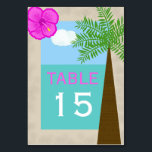 Tropical Beach Wedding Table Numbers Cards<br><div class="desc">This wedding table numbers card features a tropical beach setting. The border is styled to look like sand with a tropical hibiscus in hot pink to the left. The focal point of the design is the gorgeous water and sky with the table number inside the water. There is a lovely...</div>