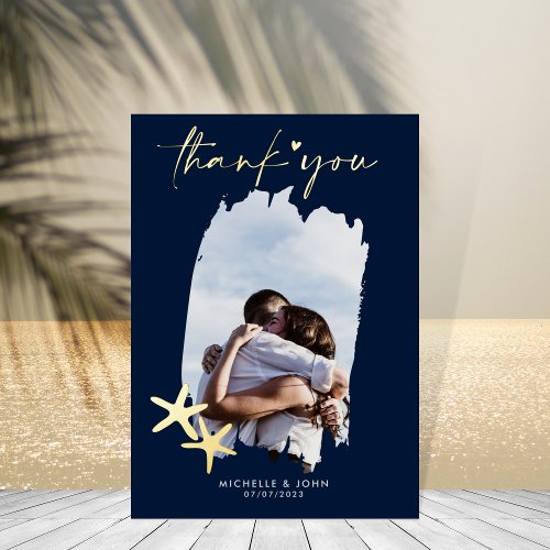 Tropical Beach Wedding Thank You Gold Navy  Foil Greeting Card