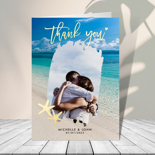 Tropical Beach Wedding Thank You Gold Starfish Foil Greeting Card