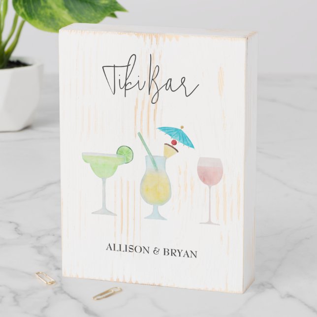 Tropical Beach Wedding Tiki Bar Wooden Box Sign (In Situ Vertical)