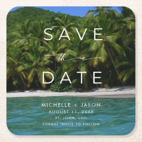 Tropical Beach Wedding Unique Save the Date Square Paper Coaster