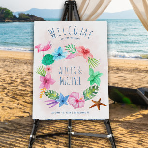 Tropical beach wedding welcome foam board