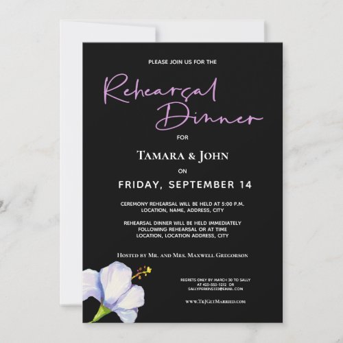 Tropical Beach White Floral Black Rehearsal Dinner Invitation