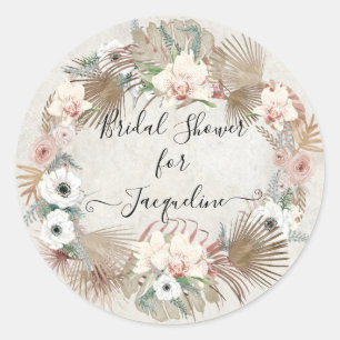 Tropical Beach White Floral Muted Greenery Foliage Classic Round Sticker