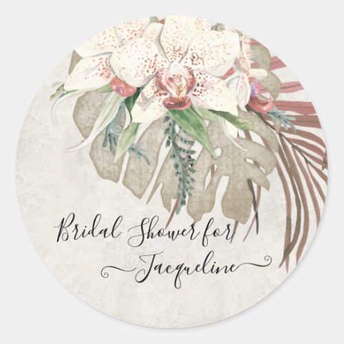 Tropical Beach White Pink Orchid Floral Foliage Classic Round Sticker