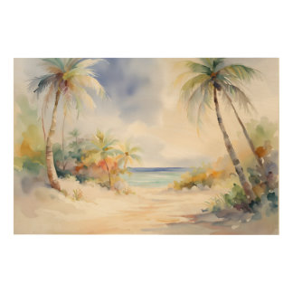 Tropical Beach White Sands, Palm Trees, Serene Joy Wood Wall Art