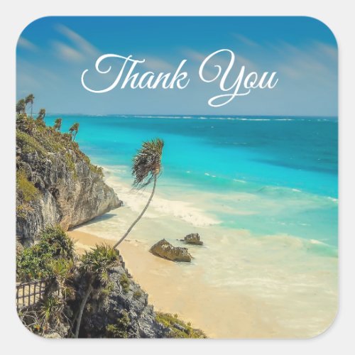 Tropical Beach Wind Swept Palm Trees Thank You Square Sticker