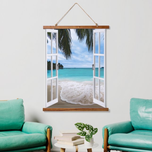 Tropical Beach Window Ocean View Wall Tapestry  (Living Room)