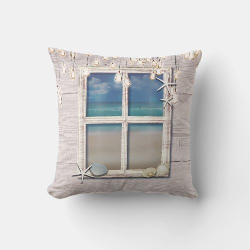 Tropical Beach Window White Wood Elegant Chic Throw Pillow