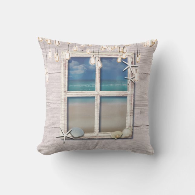 Tropical Beach Window White Wood Elegant Chic Throw Pillow (Front)