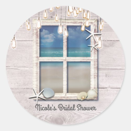 Tropical Beach Window White Wood Elegant Coastal Classic Round Sticker