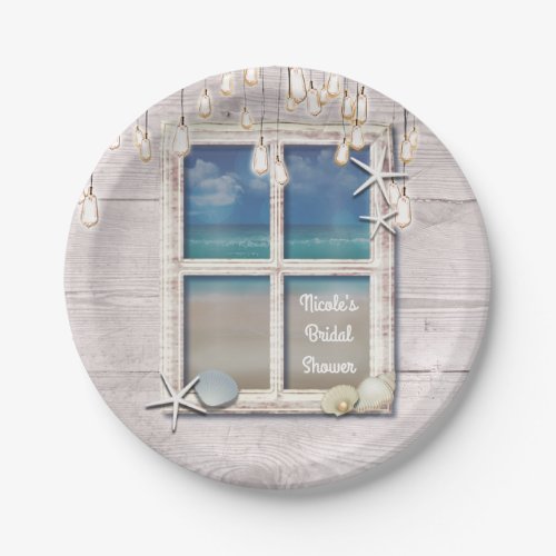 Tropical Beach Window White Wood Elegant Coastal Paper Plates