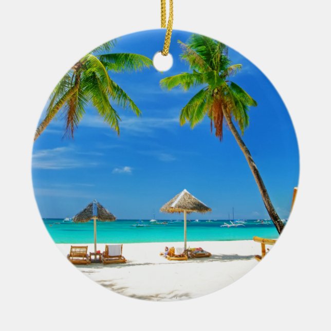 TROPICAL BEACH WISH YOU WERE HERE CUSTOM POSTCARD CERAMIC ORNAMENT (Front)