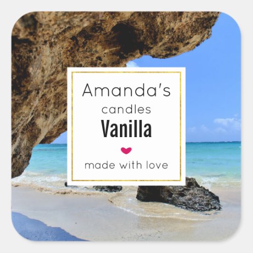 Tropical Beach with a Big Rock Candle Business Square Sticker