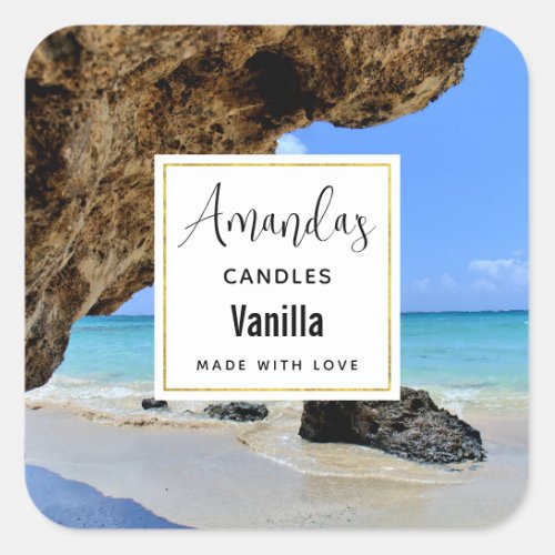 Tropical Beach with a Big Rock Candle Business Square Sticker