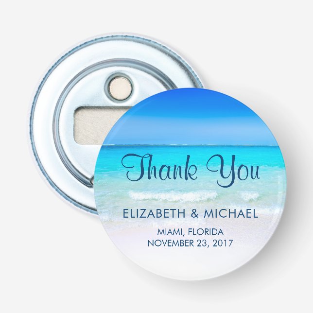 Tropical Beach with a Turquoise Sea Wedding Thanks Bottle Opener (Front)