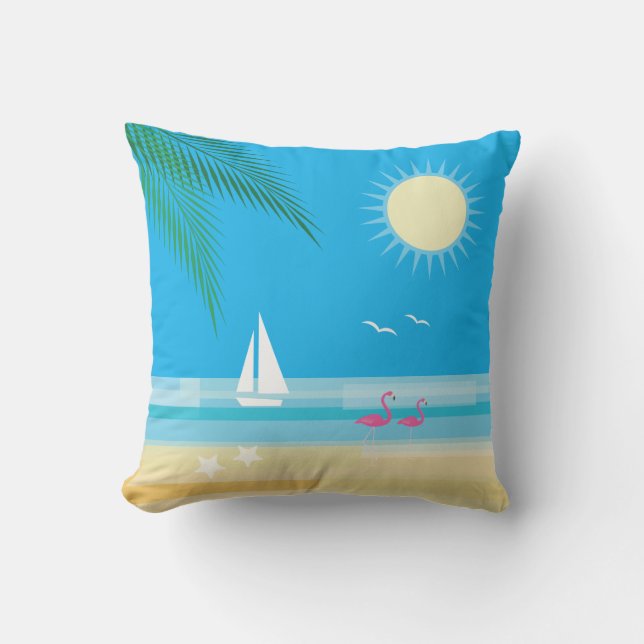 Tropical Beach with Flamingos on Blue - Outdoor Outdoor Pillow (Front)